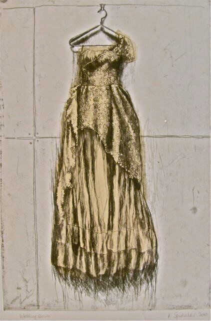 Wedding Gown etching of vintage dress by Anne Spudvilas