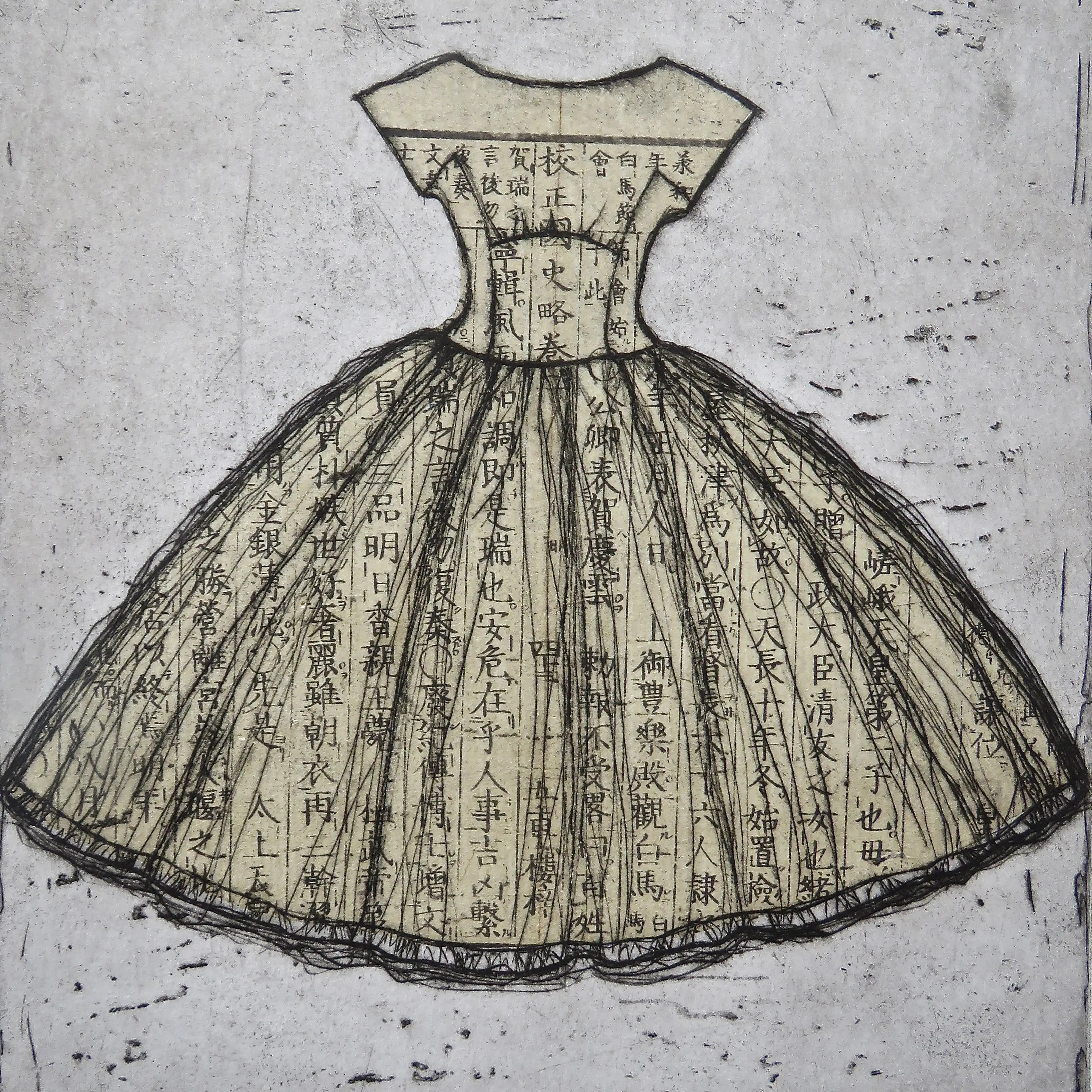etching of vintage dress