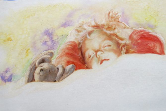 Illustration of sleeping child and bear