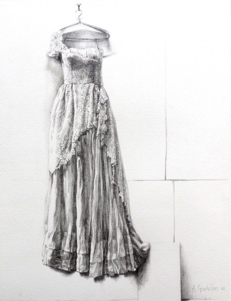 vintage dress, graphite drawing by Anne Spudvilas