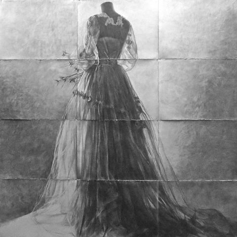 graphite drawing by Anne Spudvilas of vintage wedding dress